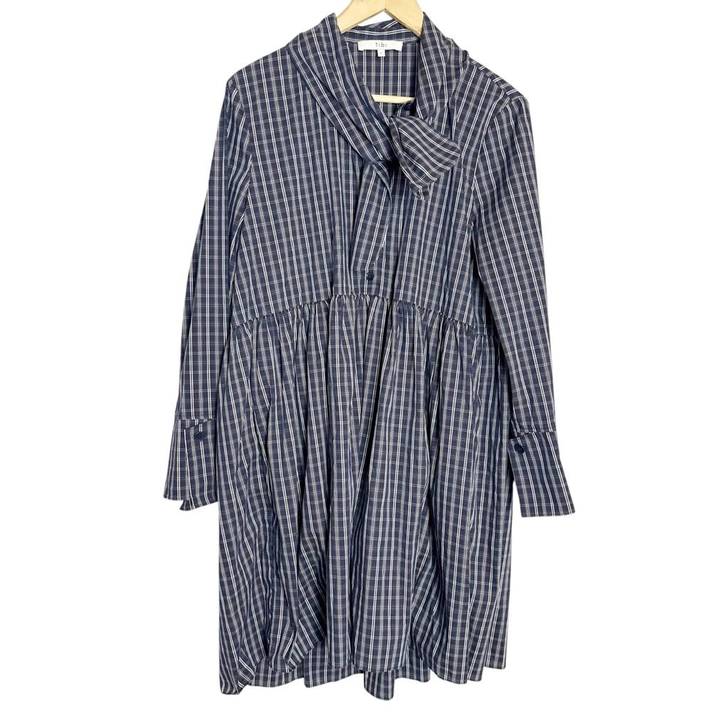 Tibi Navy Blue Check Plaid Cotton Long Sleeve Tie Neck Shift Dress Size 6